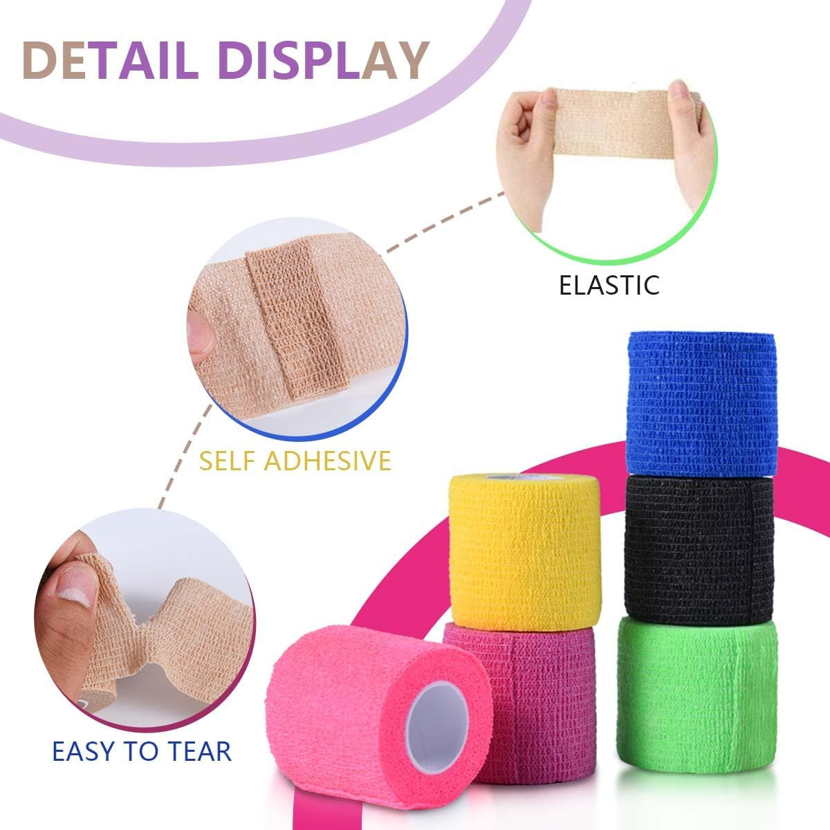 15 Pack 2 Inch X 5 Yards Self Adhesive Bandage Breathable Cohesive Bandage Wrap Rolls Elastic Self-Adherent Tape for Stretch Athletic, Sports, Wrist, Ankle